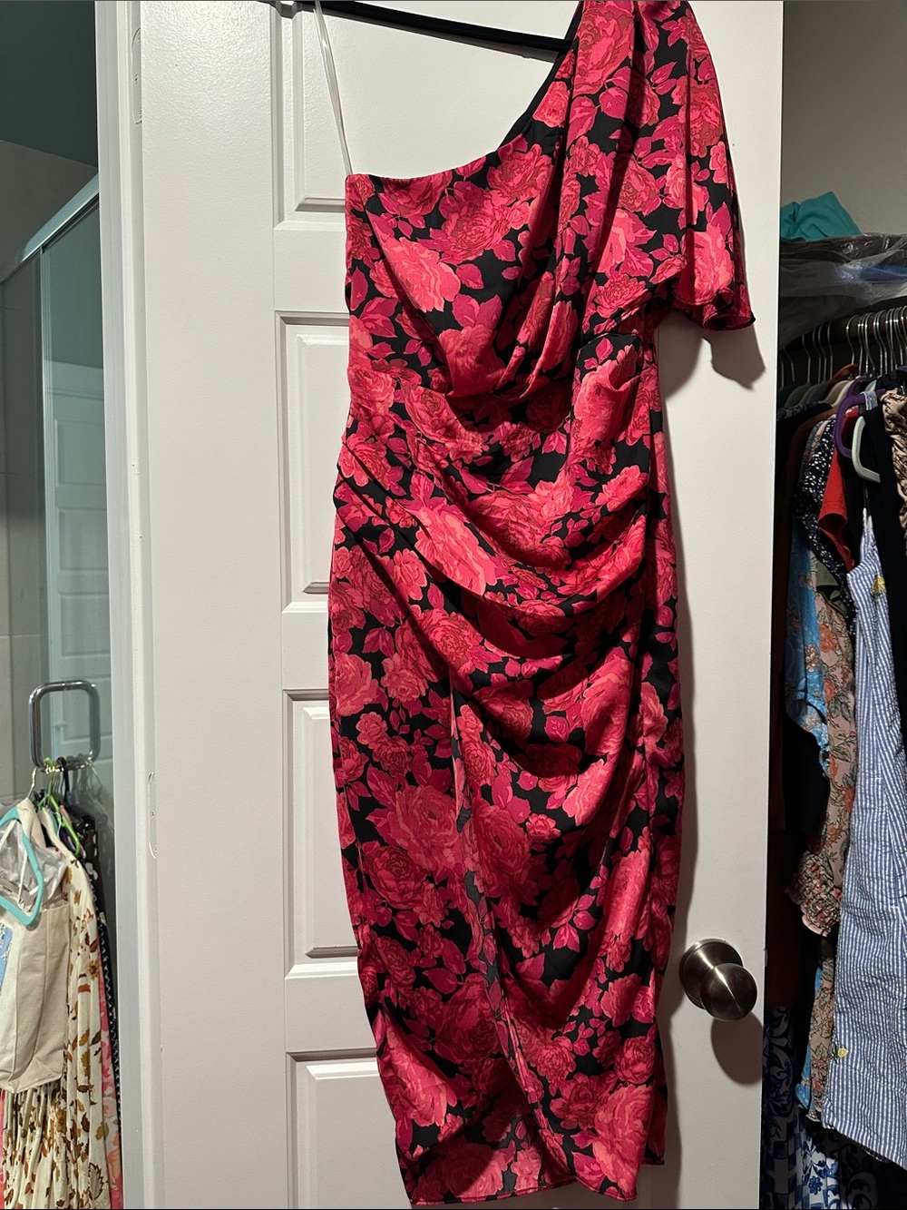 Red Dress Boutique One-Shoulder Fuchsia Floral Dress